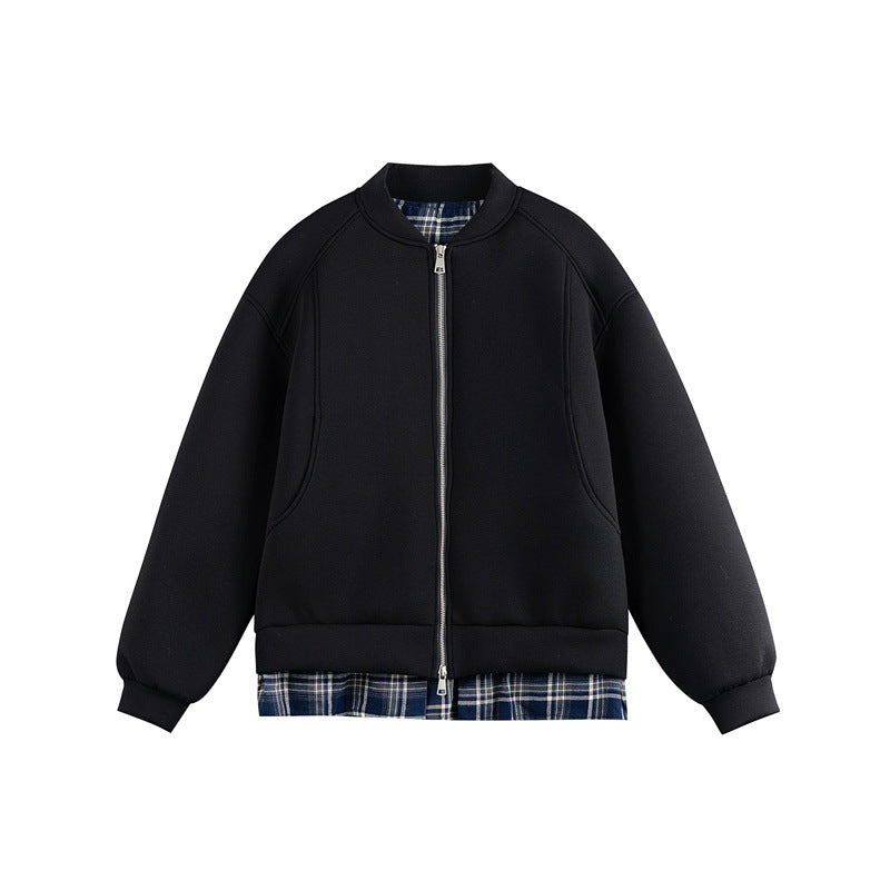 Women Two-in-One Bomber Sweat Jacket with Check Layer Insert and Stand Collar Mune Fashion