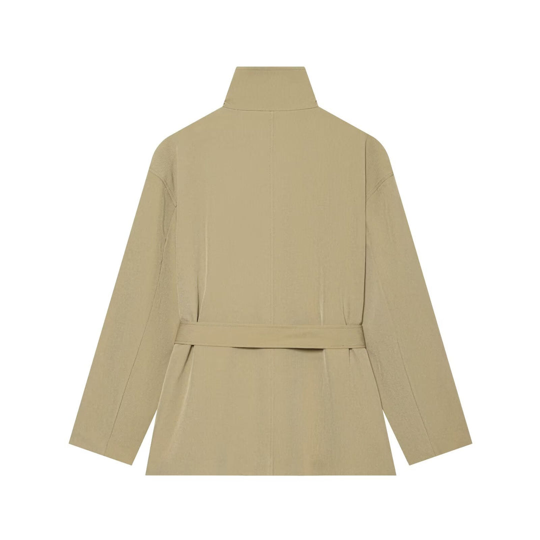 Women's short trench coat with high standing collar, waist belt and shoulder flaps Drune