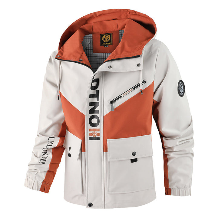 Men's functional hooded jacket in urban outdoor style with wind protection, chest zip pocket, and spacious flap pockets.
