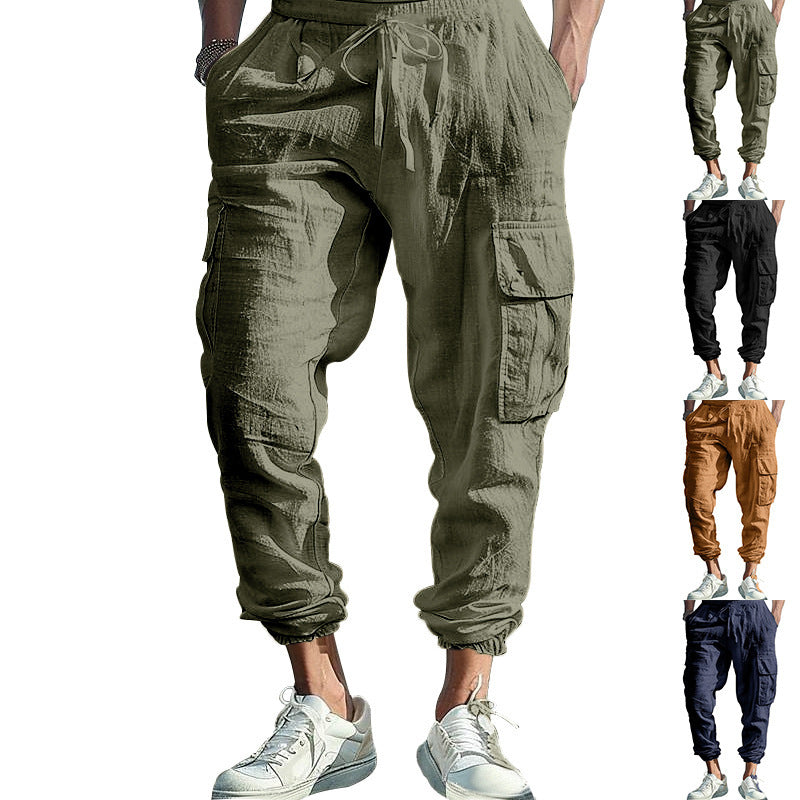 Men's casual cargo pants in jogger style with crinkle linen look, drawstring waistband, and multiple pockets Mune Fashion