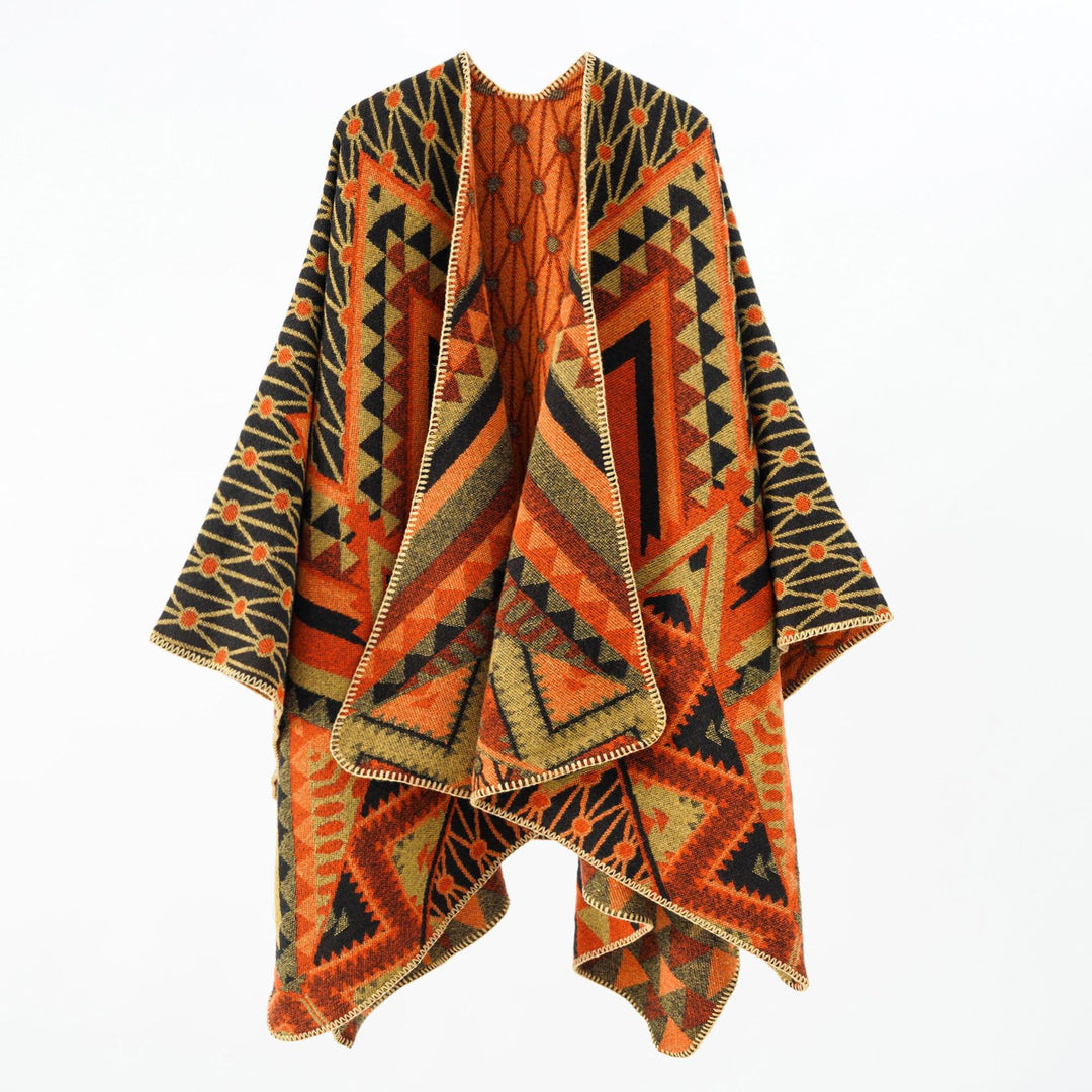 Women Structured Jacquard Poncho Overlay with Graphic Ethno Pattern and Open Kimono Fall Mune Fashion