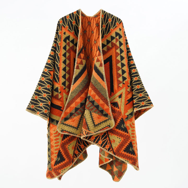 Women Structured Jacquard Poncho Overlay with Graphic Ethno Pattern and Open Kimono Fall Mune Fashion