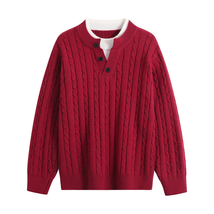 Women Oversize Cable Knit Pullover with Henley Collar and Contrast Inner Collar Mune Fashion