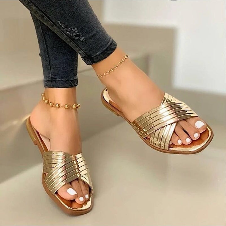 Women's Braided Metallic Slippers with Crossed Straps and Flat Comfort Sole Mune Fashion