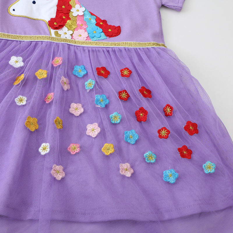 Girls Tulle Dress with Colorful Unicorn and Flower Appliqués Mune Fashion