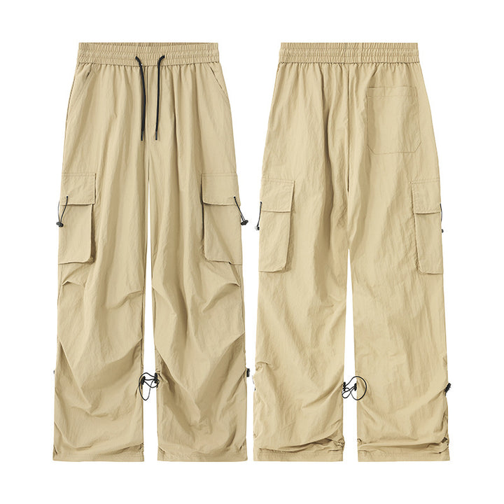 Men's Wide Nylon Cargo Pants with Adjustable Hem Drawstrings and Drawstring Waist Mune Fashion