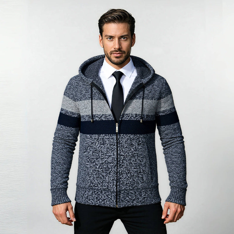 Men's Structured Hooded Cardigan with Contrast Stripes and Full Zip Mune Fashion