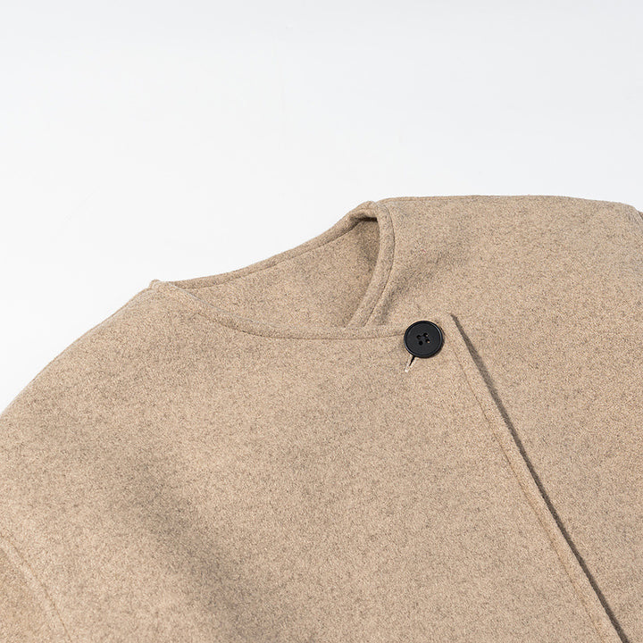 Ladies nan short boxy wool blend jacket with asymmetrical button placket and round neck Mune Fashion