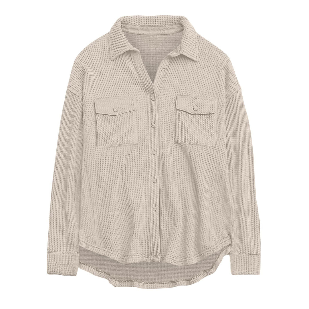 Women's oversized waffle knit shirt jacket with chest pockets and button placket Mune Fashion