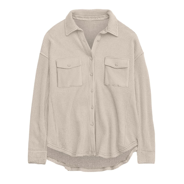 Women's oversized waffle knit shirt jacket with chest pockets and button placket Mune Fashion