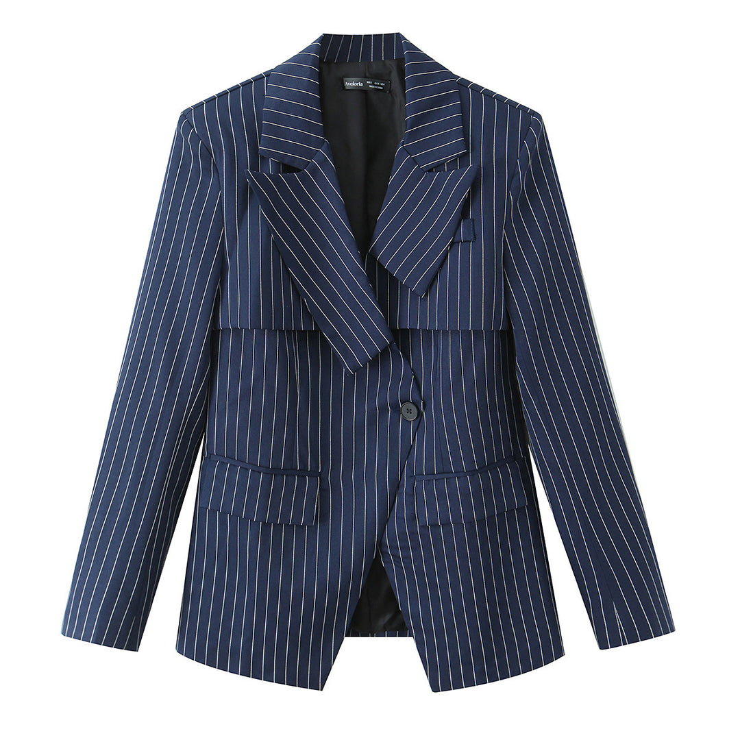 Women tailored pinstripe blazer with asymmetric lapel and flap pockets Mune Fashion