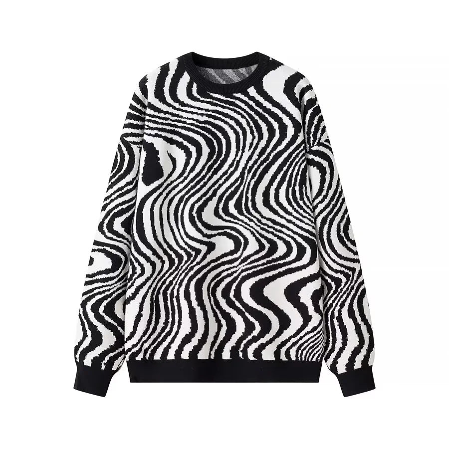 Unisex loosely cut knitted sweater with abstract wave pattern and round neckline Mune Fashion
