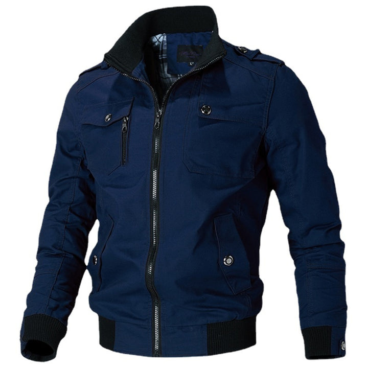 Men's fashionable field bomber jacket made of robust cotton canvas with epaulettes, zipper, and ribbed hem.