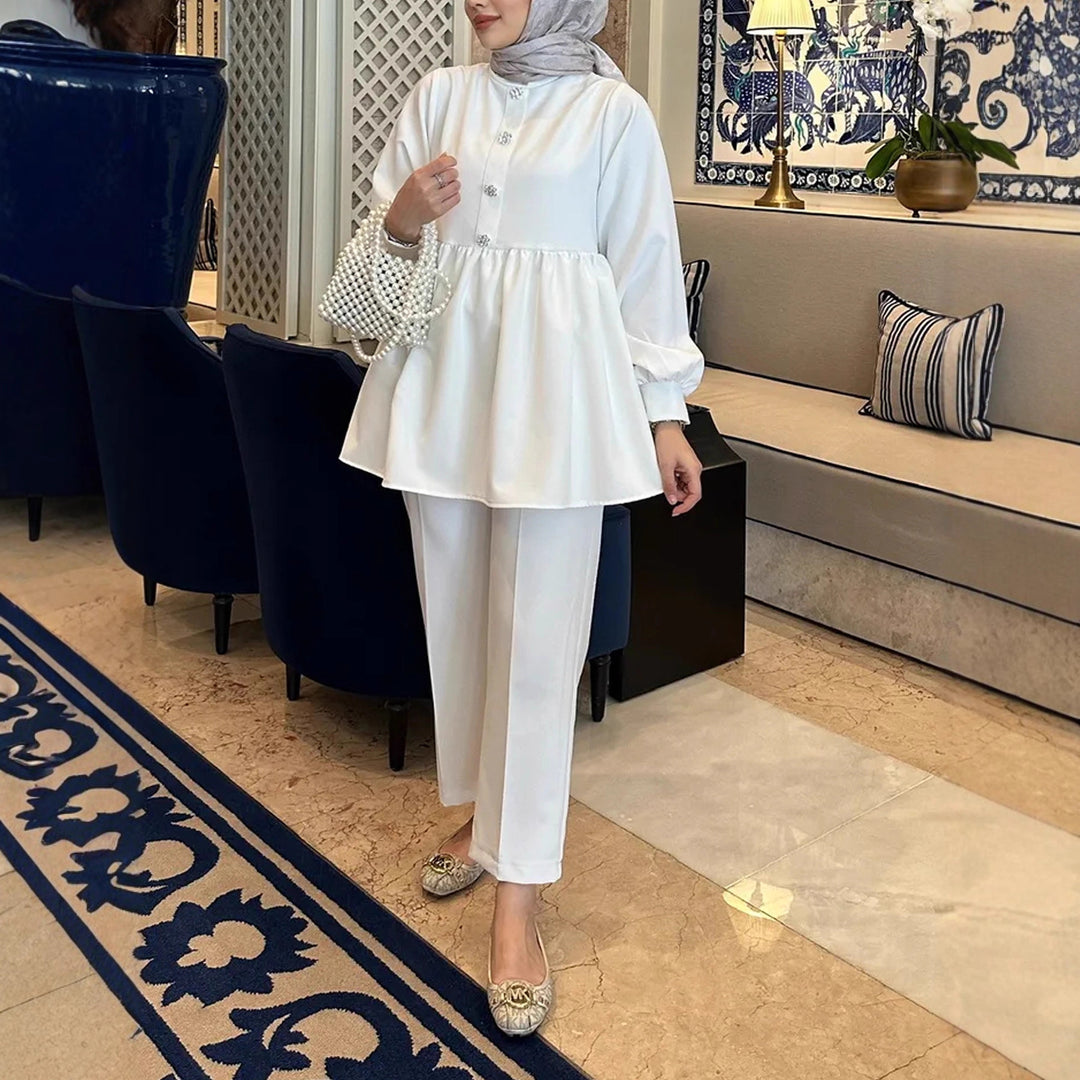 Women's Elegant Tunic-Pants Set with Ruffled Empire Tunic and Slim Suit Pants Drune