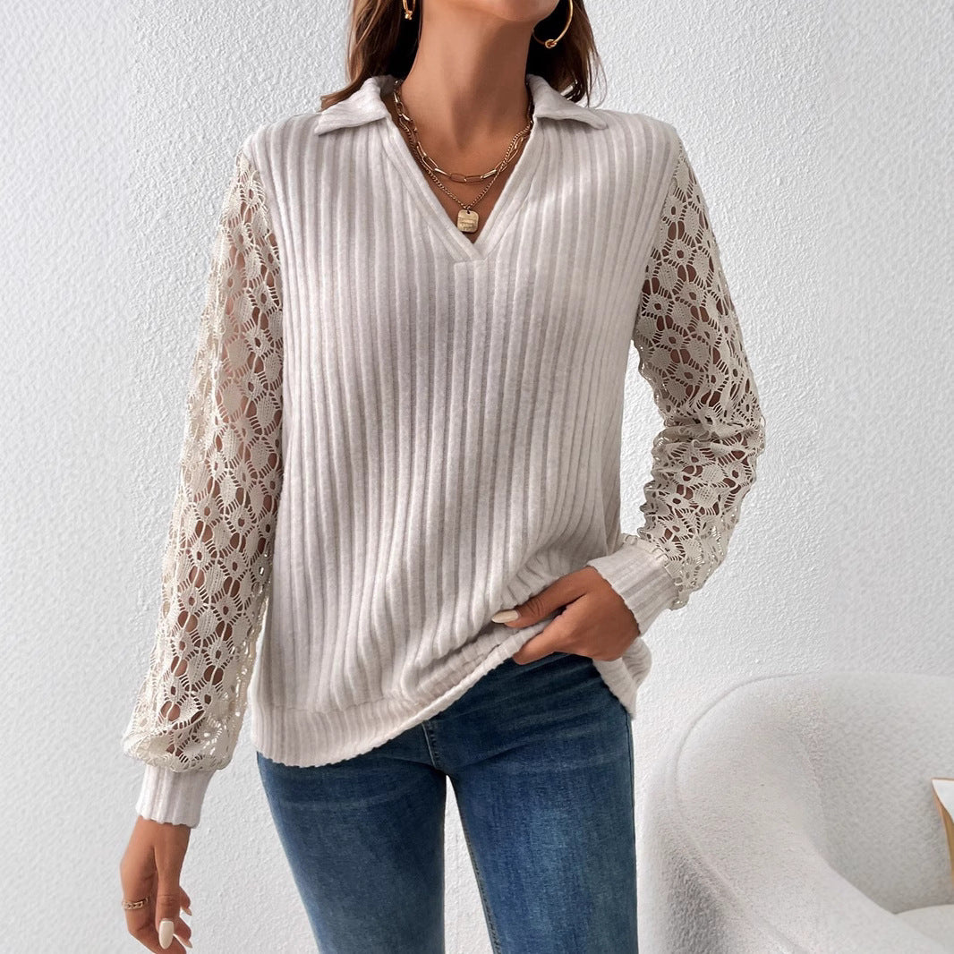 Women's ribbed fine knit polo with crochet sleeves and V-neck Mune Fashion