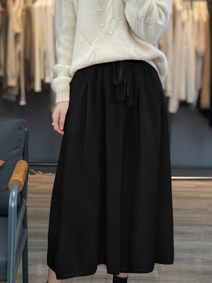 Women Mid-Length Cashmere-Look Knit Skirt with Pleats and Drawstring Mune Fashion