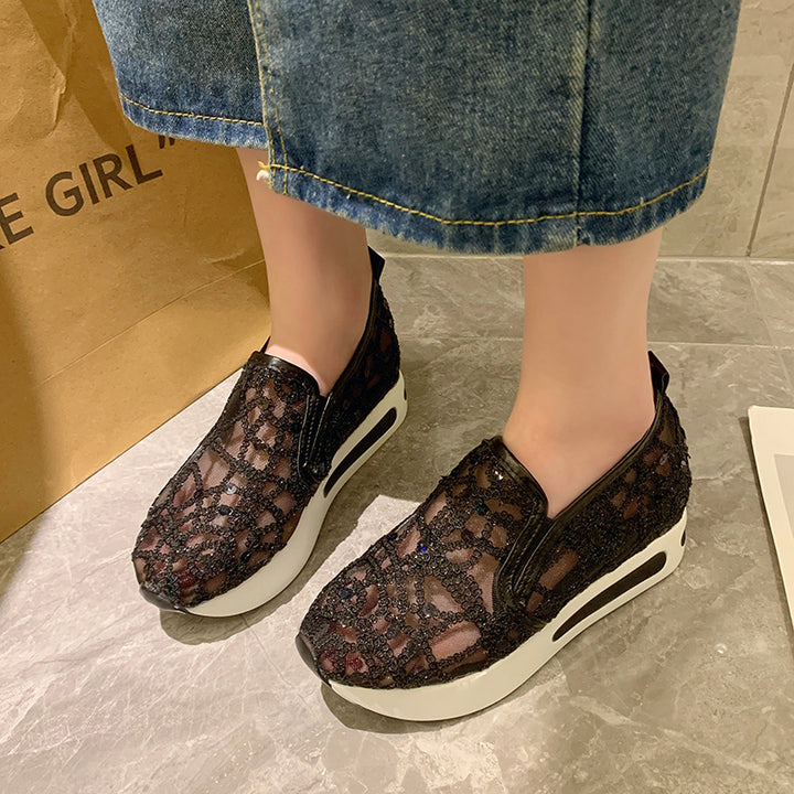 Women's Elegant Wedge Slippers with Transparent Mesh, Sequin Embroidery and Cushioning Platform Sole Mune Fashion