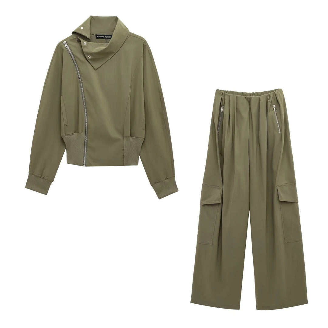 Women 50+ asymmetrical utility bomber jacket with funnel neck and wide ribbed waistband Mune Fashion