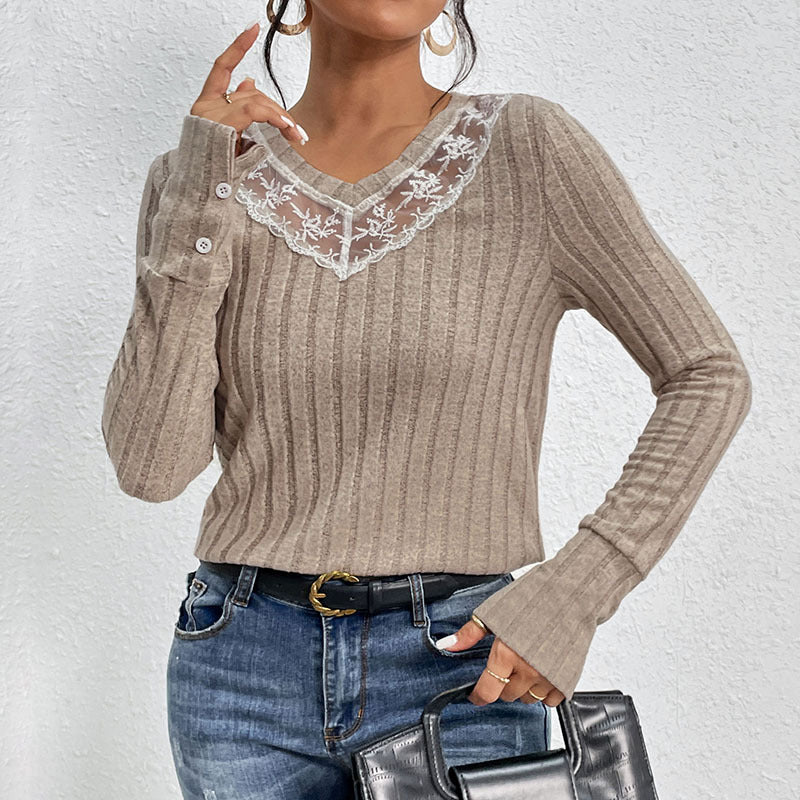 Women's Tailored Ribbed Knit Sweater with Sheer Lace Insert at V-Neck Mune Fashion
