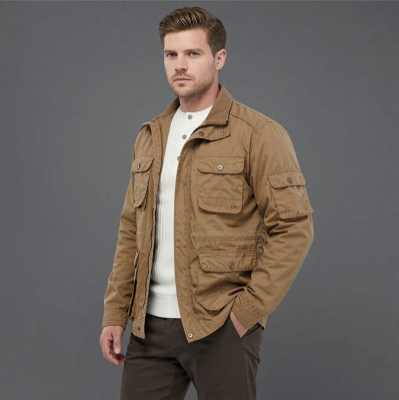 Men's Utility Field Jacket with Multiple Flap Pockets and Adjustable Waist Mune Fashion
