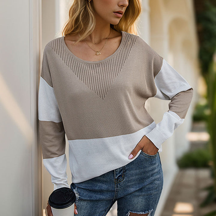 Women's Oversize Knitted Sweater with Round Neck, Eyelet Triangle and Block Stripes Mune Fashion