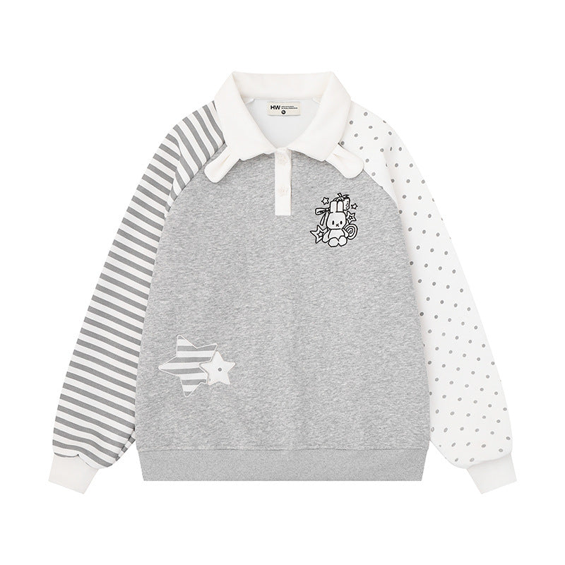 Women's Long Sleeve Polo Sweatshirt in Patchwork Style with Contrasting Sleeves and Star Applications Mune Fashion