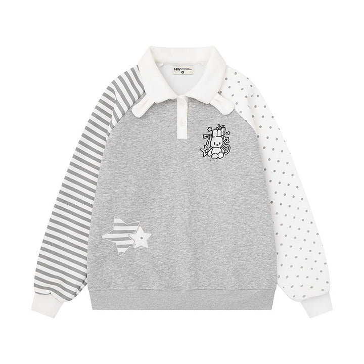 Women's Long Sleeve Polo Sweatshirt in Patchwork Style with Contrasting Sleeves and Star Applications Mune Fashion