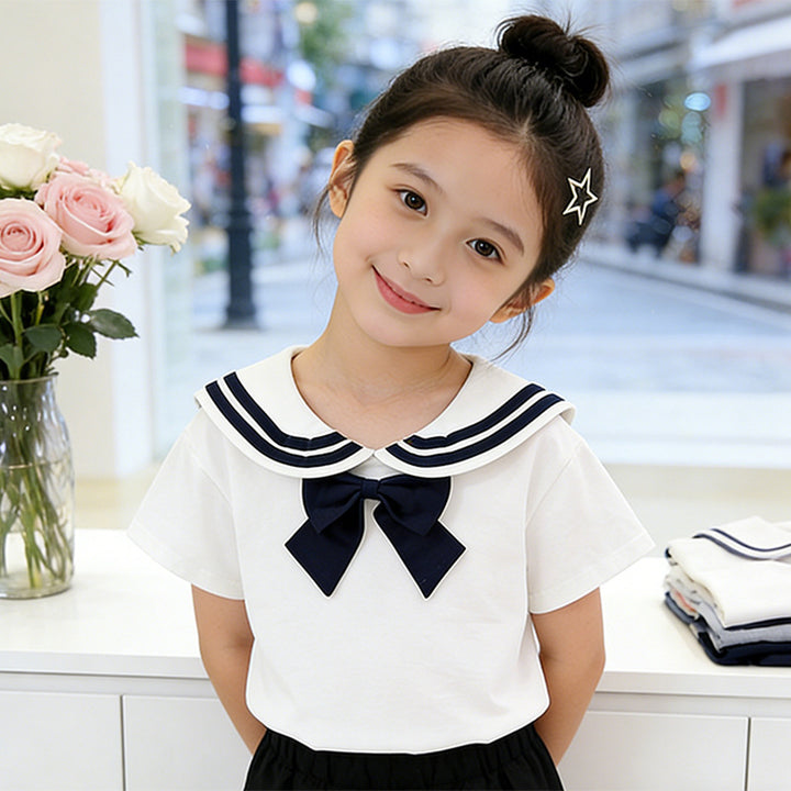 Girl's Sailor T-Shirt with Bow Detail Mune Fashion