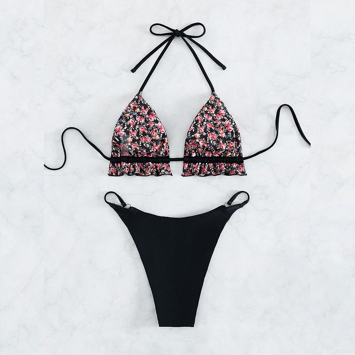 Women's Triangle Bikini with Ruffle Details and Floral Pattern Mune Fashion
