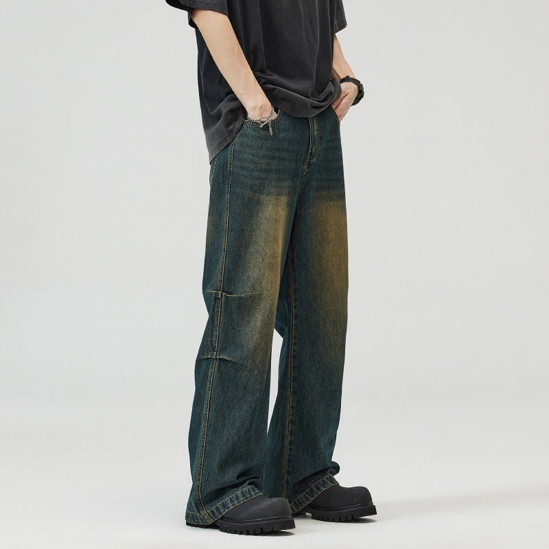 Men's Panel Denim Baggy Pants with Drop Crotch and Used-Fade Mune Fashion