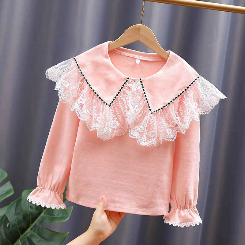 Women Vintage Long Sleeve Shirt with Lace Collar Mune Fashion