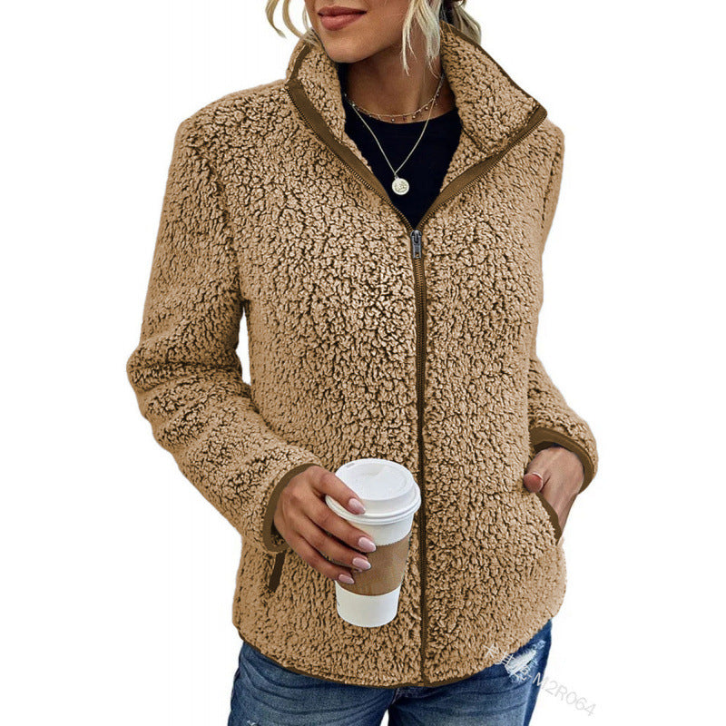 Women's Plush Fleece Jacket with High Collar and Side Pockets Mune