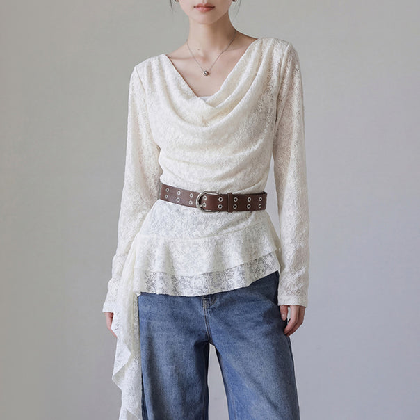 Women's nan draped lace top with asymmetrical pointed hem and waist belt Mune Fashion