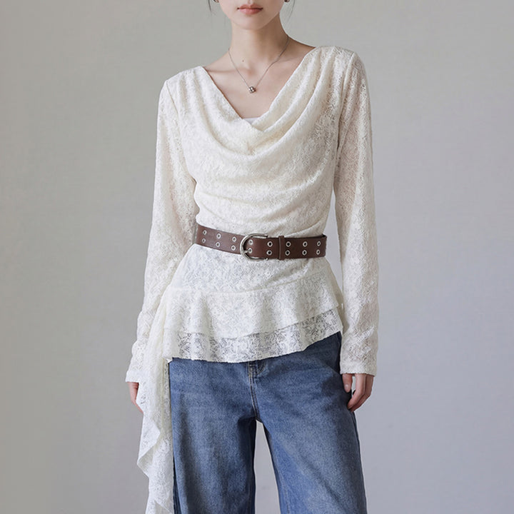 Women's nan draped lace top with asymmetrical pointed hem and waist belt Mune Fashion