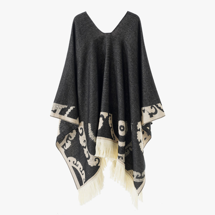Women's wool blend medallion poncho with V-neck and fringe hem Mune Fashion