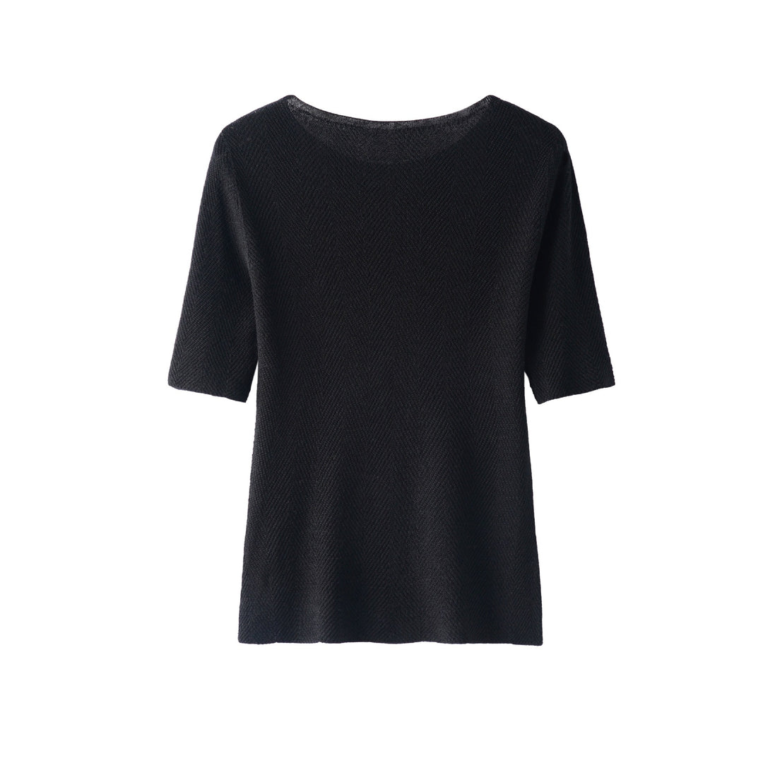 Women's Loose Fine Knit Tunic Top with Boat Neck and Herringbone Texture Mune Fashion