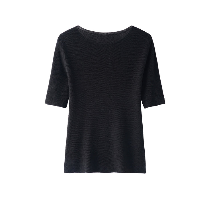 Women's Loose Fine Knit Tunic Top with Boat Neck and Herringbone Texture Mune Fashion