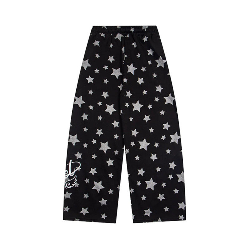 Women's extra wide palazzo lounge pants made of French terry with comfort waistband, drawstring, and all-over star print
