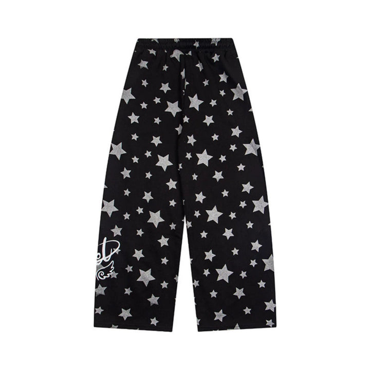 Women's extra wide palazzo lounge pants made of French terry with comfort waistband, drawstring, and all-over star print