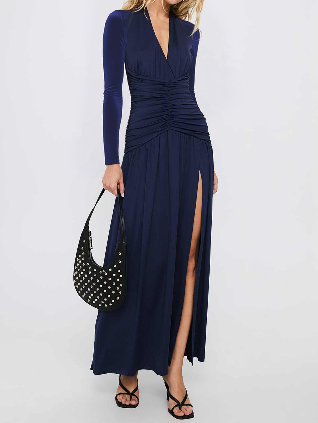Ladies elegant evening dress with gathered wrap top, high slit and velvet sleeves Mune Fashion