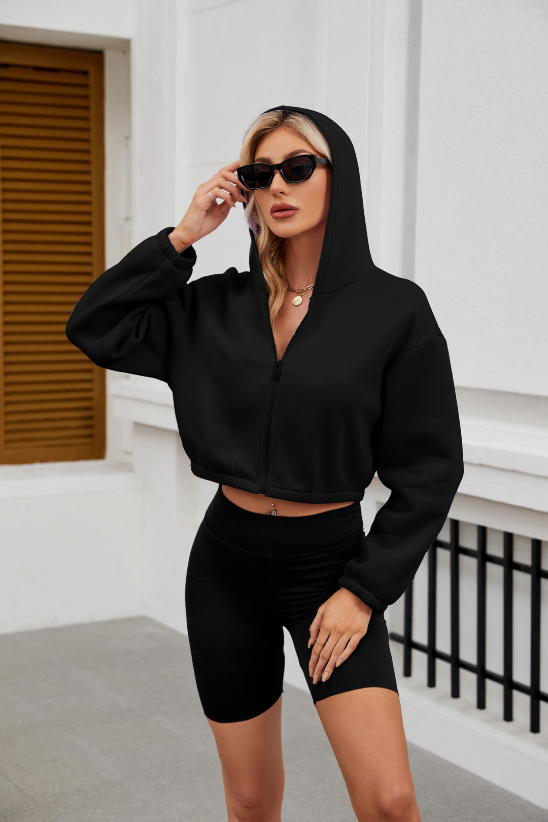 Women's Cropped Hoodie Jacket with Full Zipper and Oversized Sleeves Mune Fashion