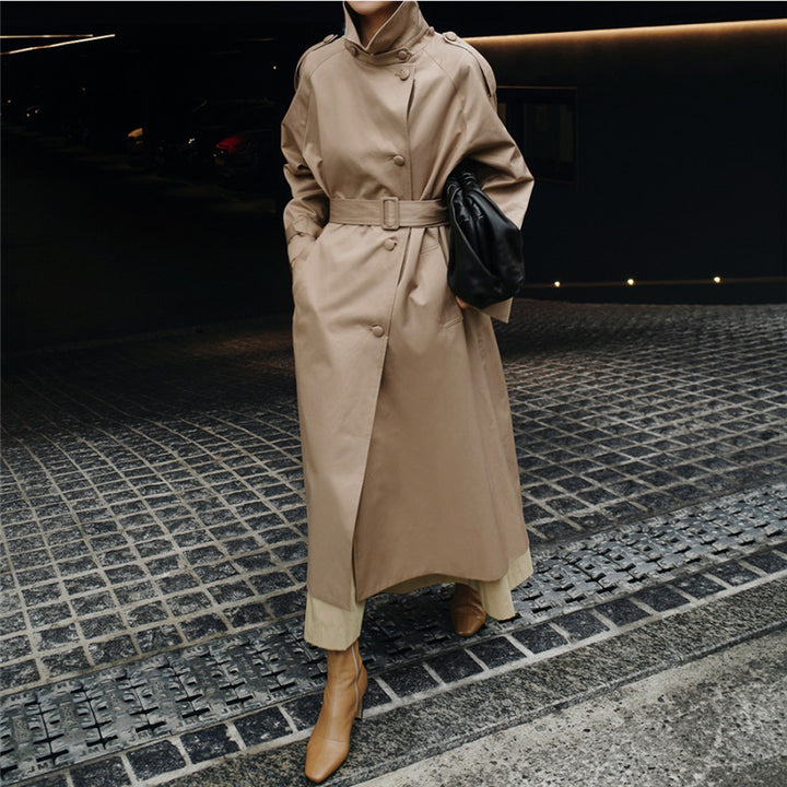 Women's Maxi Length Trench Coat with Concealed Button Placket, High Standing Collar and Waist Belt Mune Fashion