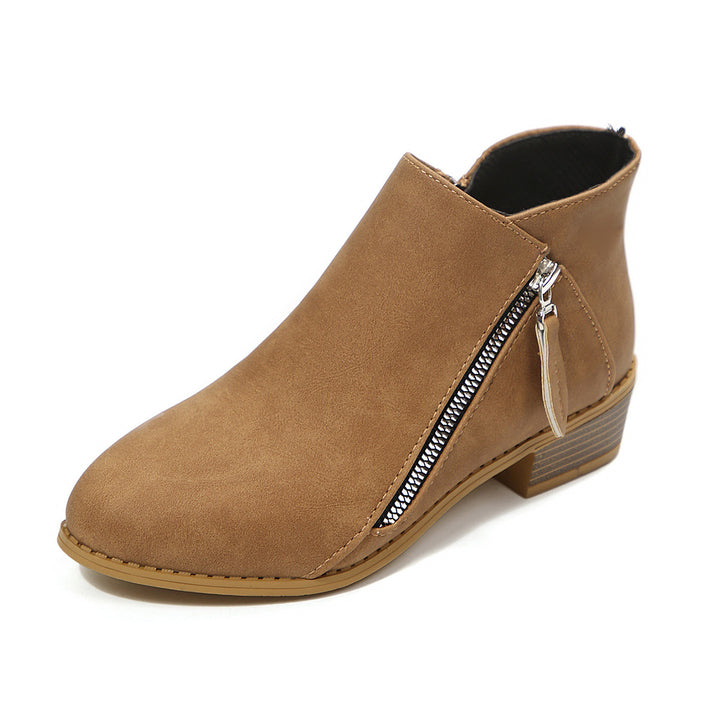 Women's Short Shaft Ankle Boots with Side Zipper and Low Block Heel Mune Fashion