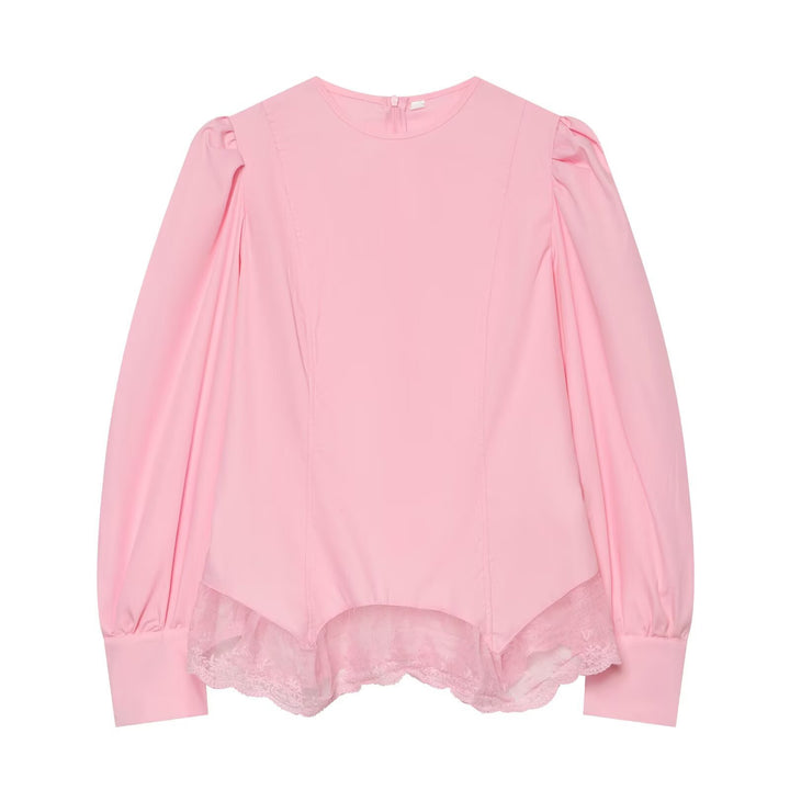 Ladies Romantic Blouse with Puff Sleeves and Lace Trim Drune
