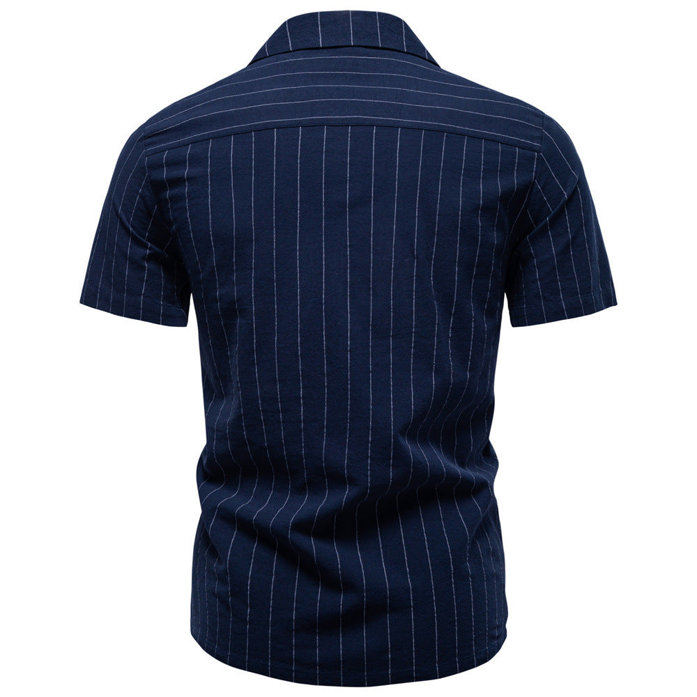 Men's lightweight short-sleeve shirt made of cotton-linen blend with notch collar and fine pinstripes Mune Fashion