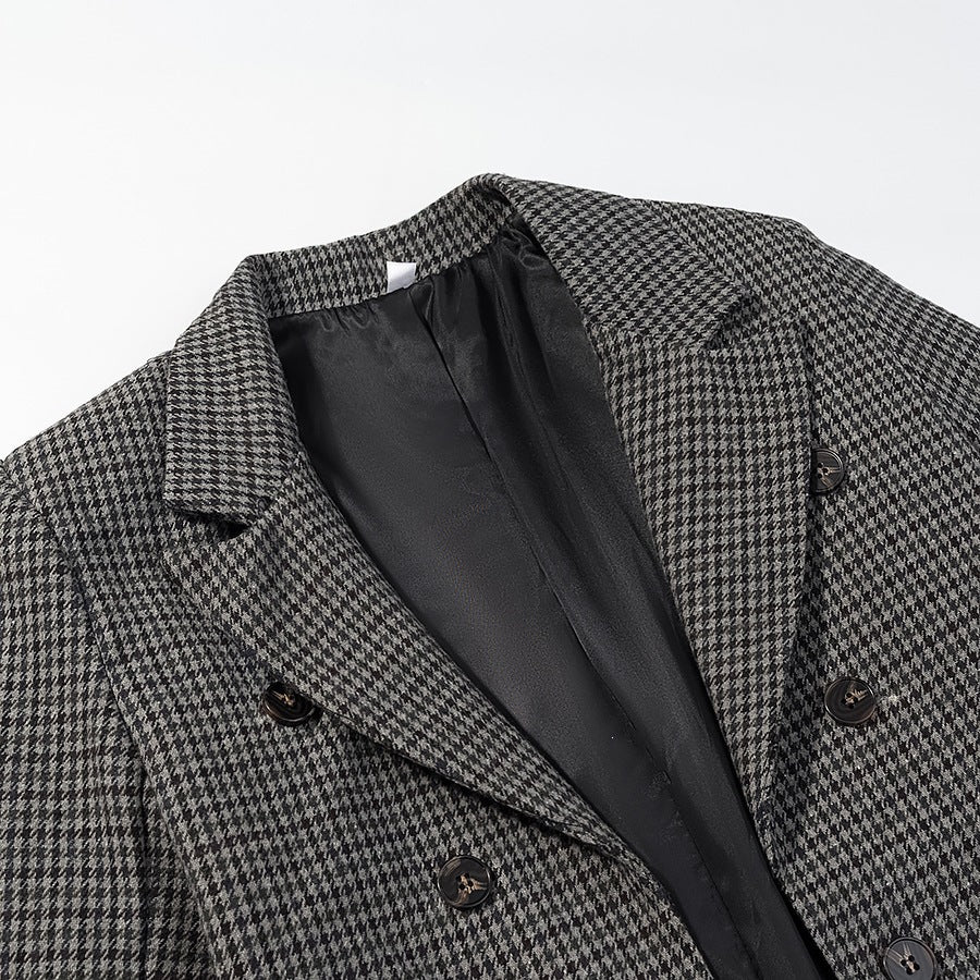 Women Houndstooth Blazer Inspired by Morning Coat with Cutaway Hem and Double-Breasted Button Placket Mune Fashion