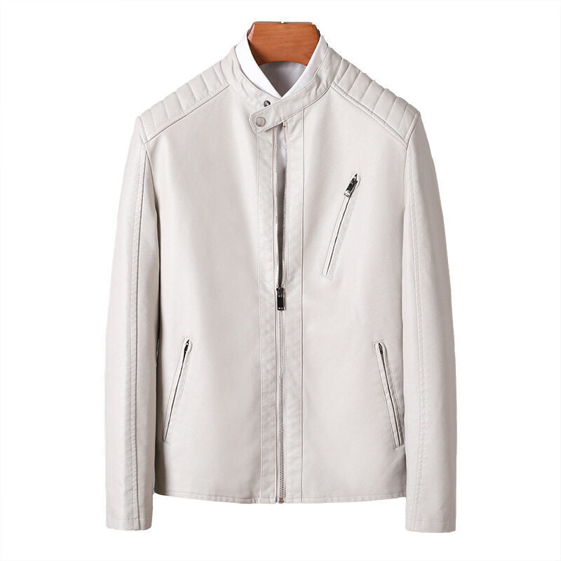 Men's Elegant Leather Jacket with Stand-up Collar Mune Fashion