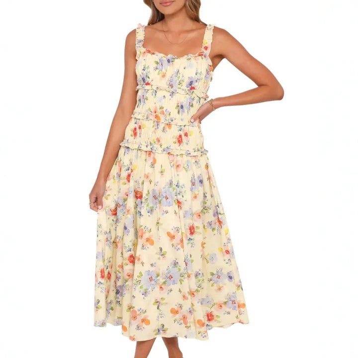 Women nan airy-light tiered midi dress with gathered bodice and ruffled straps Mune Fashion