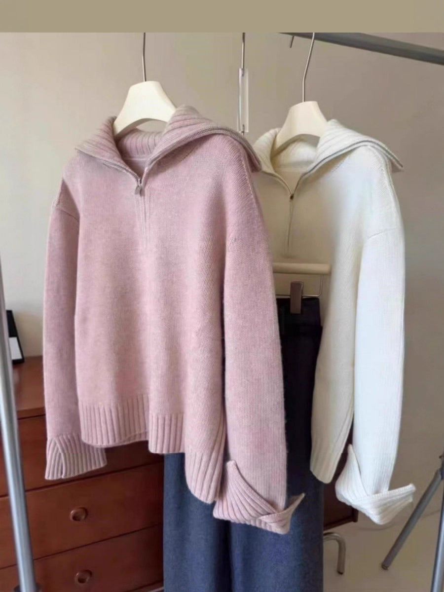 Women's Oversized Fine Knit Sweater with Half Zipper and Wide Turtleneck Mune Fashion