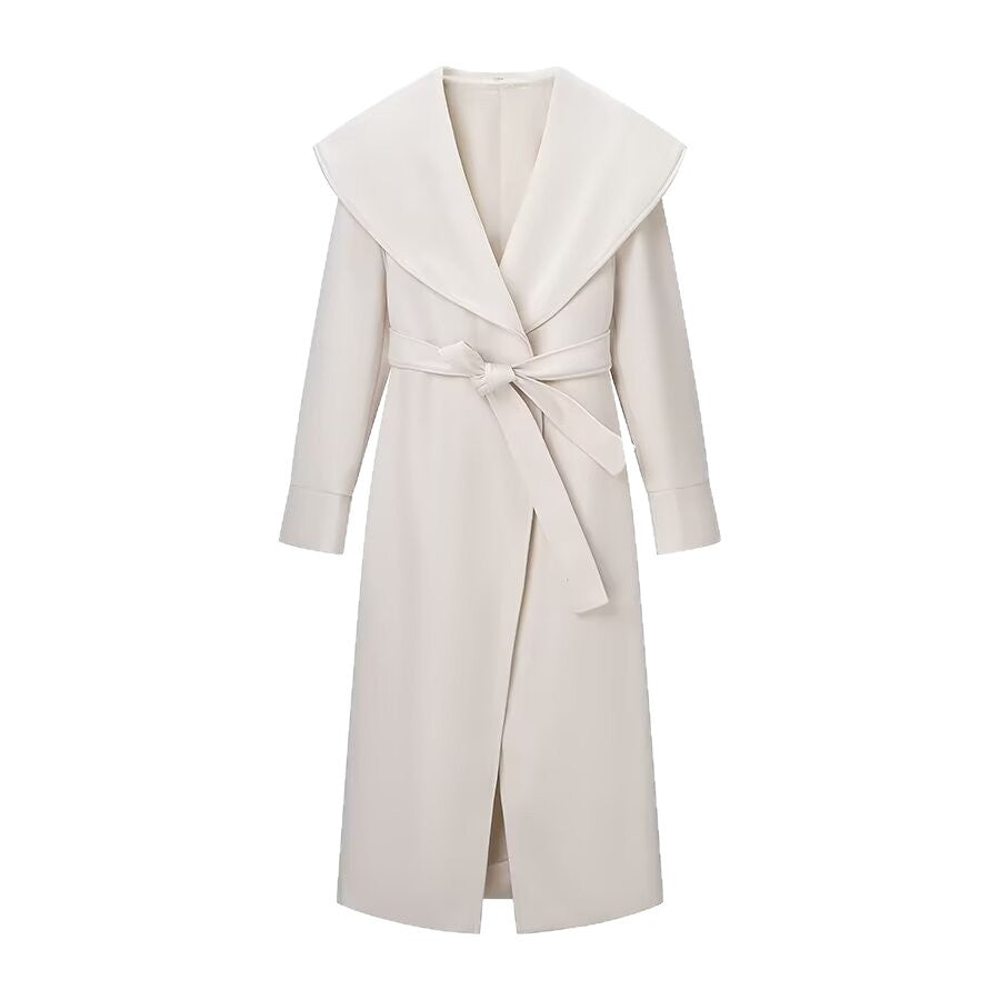 Women Elegant Coat with Oversized Shawl Collar and Tied Belt Mune Fashion